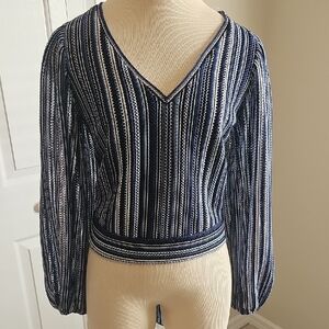 Sugarlips Navy and White Striped V-Neck Blouse. Bubble Sleeves NWT size XS.